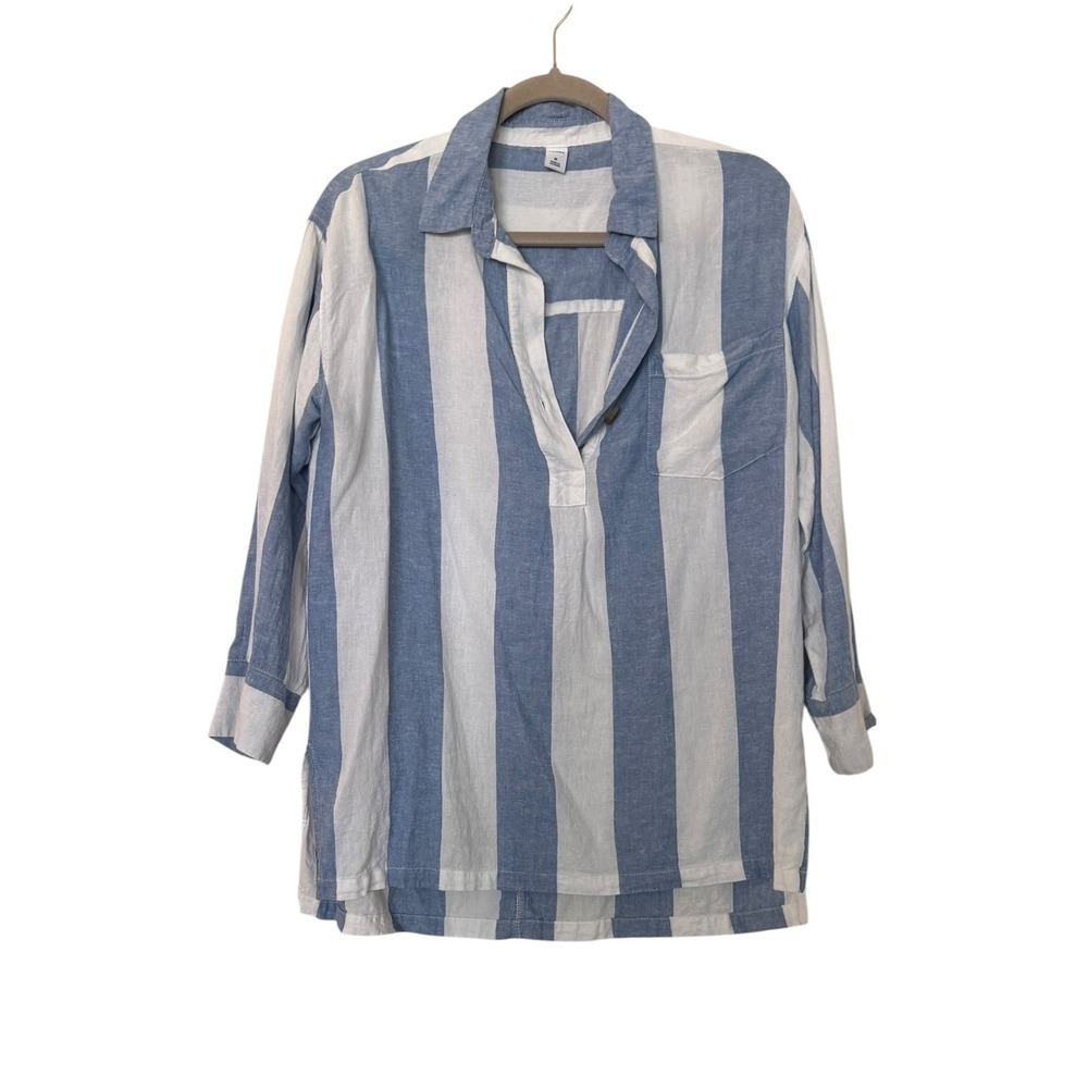 Old Navy Blue White Striped Linen Blend Tunic Popover Long Sleeve Shirt M Beach - Picture 2 of 11